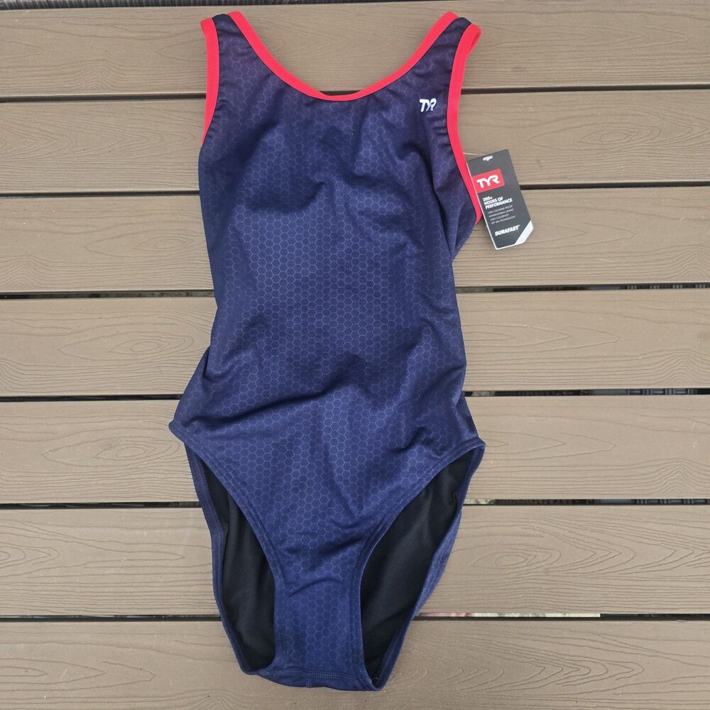 TYR Women's Durafast Elite Hexa Navy/red Maxfit 1 piece Swimsuit Sz 34 NEW